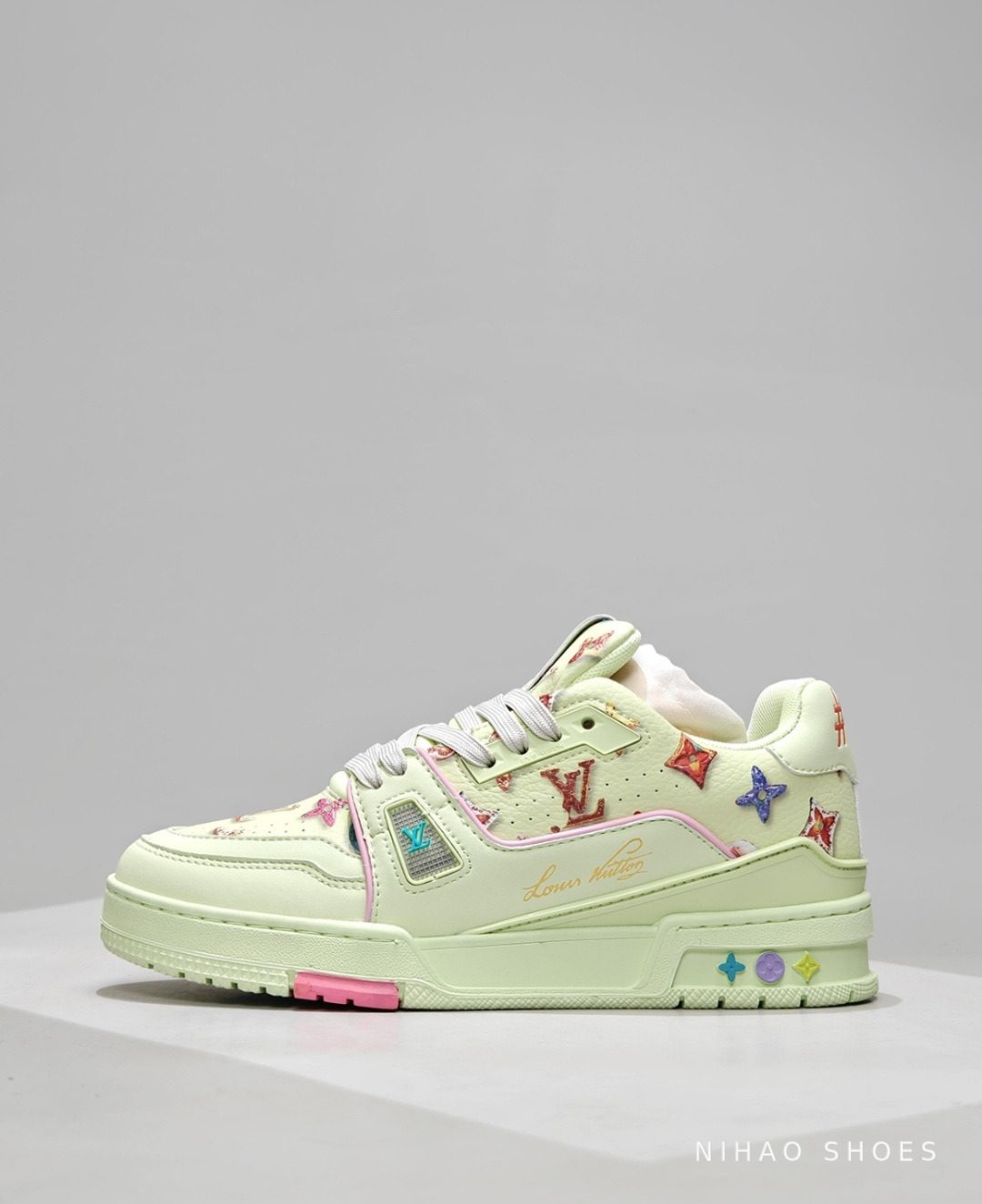 LV Trainer Multicolour Monogram — Pistachio, side