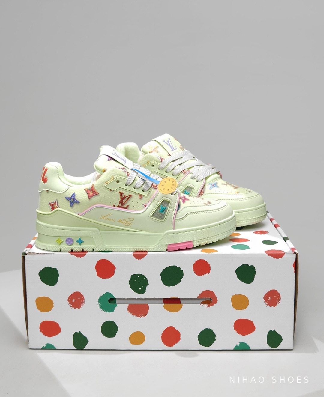 LV Trainer Multicolour Monogram — Pistachio on box